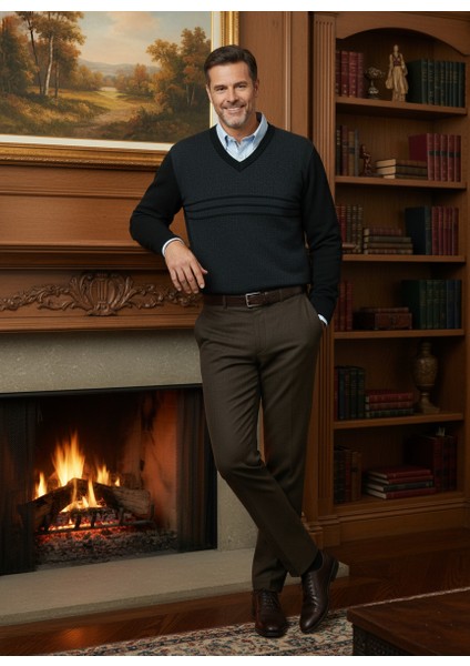 Erkek Kışlık Kazak Rahat Kesim Triko Dokuma V Yaka Desenli Klasik ve Şık fırsatları