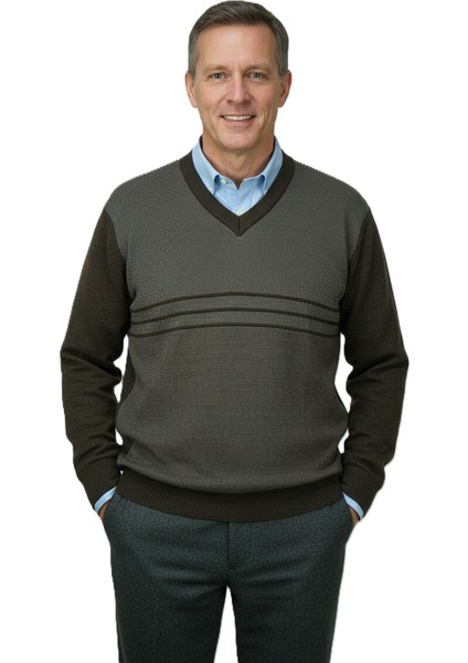 Erkek Kışlık Kazak Rahat Kesim Triko Dokuma V Yaka Desenli Klasik ve Şık