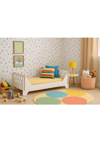 Montessori Çocuk Karyolası 70X140, Beyaz Mdf, Alçak Tasarım Güvenli Yatak