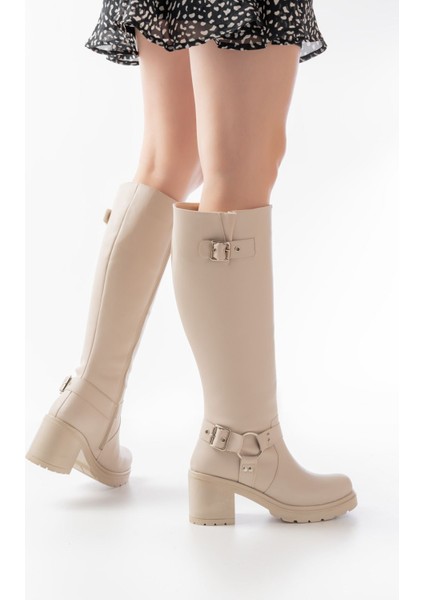 767-3005 Bej Toka Aksesuarlı Fermuarlı Günlük Kalın Topuklu Kadın Bot fiyatları