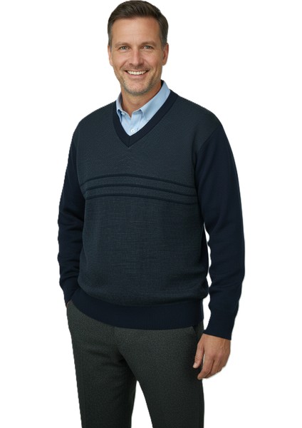 Erkek Kışlık Kazak Rahat Kesim Triko Dokuma V Yaka Desenli Klasik ve Şık