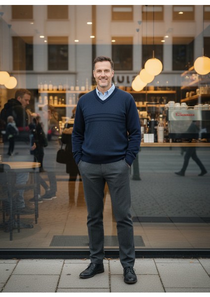 Erkek Kışlık Kazak Rahat Kesim Triko Dokuma V Yaka Desenli Klasik ve Şık indirimleri