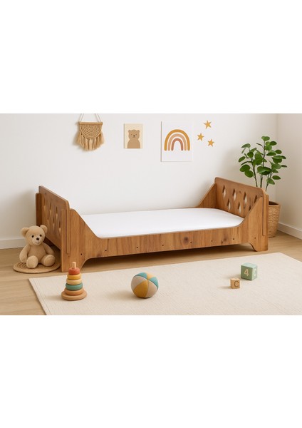Montessori Çocuk Karyolası 70X140, Ceviz Mdf, Alçak Tasarım Güvenli Yatak