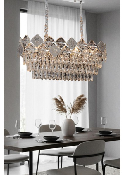 Emir Krom 90 cm Kristal Taşlı Modern Avize – Yemek Masası ve Salon