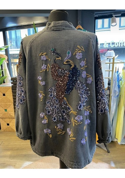 Kadın Kuşlu Taş Işlemeli Pamuk Nakışlı Kimono