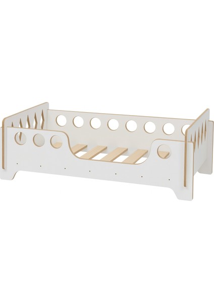 Beyaz Montessori Karyola 70X140, Beyaz Mdf, Ahşap Detaylı Güvenli Çocuk Yatağı