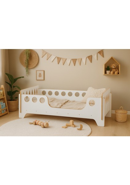 Beyaz Montessori Karyola 70X140, Beyaz Mdf, Ahşap Detaylı Güvenli Çocuk Yatağı modelleri