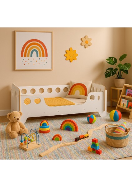 Beyaz Montessori Karyola 70X140, Beyaz Mdf, Ahşap Detaylı Güvenli Çocuk Yatağı fırsatları