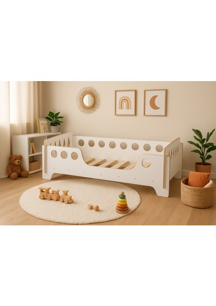 Beyaz Montessori Karyola 70X140, Beyaz Mdf, Ahşap Detaylı Güvenli Çocuk Yatağı indirimleri