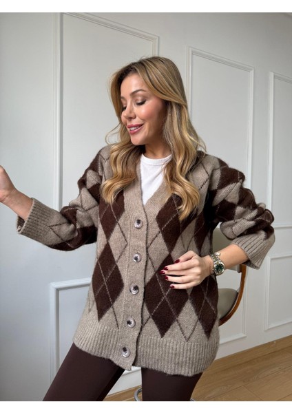 Kahve V Yaka Baklava Hırka