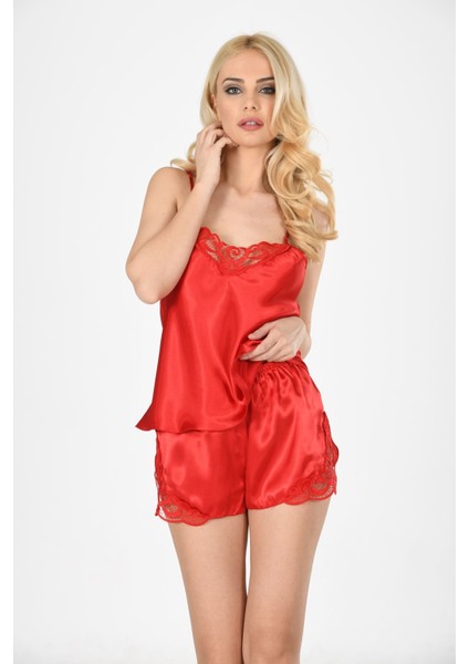 Kırmızı Saten Babydoll Şortlu Takım