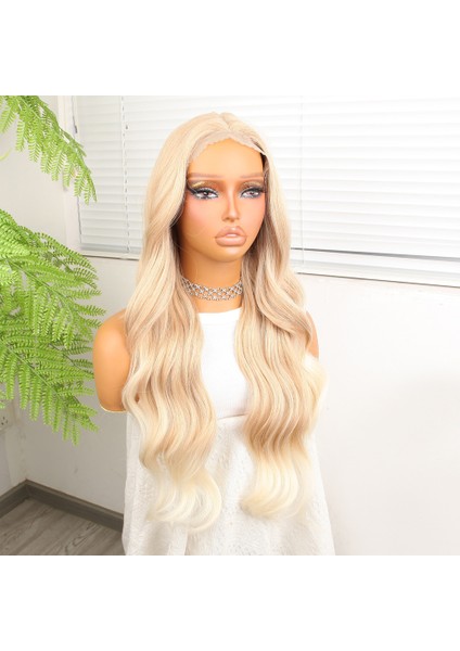 Açık Rus Kumralı Beyaz Platin Ombre Fiber Sentetik Tül Peruk modelleri