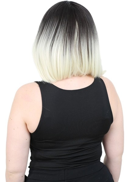 Kısa Küt Perçemli Fiber Sentetik Peruk / Küllü Siyah / Platin Ombreli fırsatları