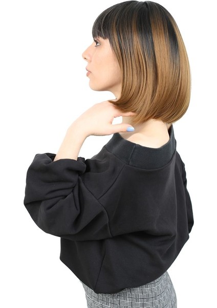 Kısa Küt Perçemli Fiber Sentetik Peruk / Siyah / Karamel Ombreli modelleri