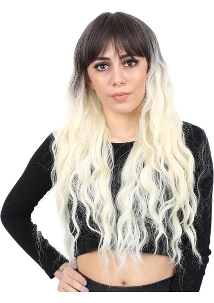 Perçemli Uzun Su Dalgası Fiber Sentetik Peruk / Küllü Siyah / Platin Ombreli