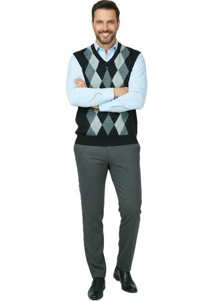 Erkek Kışlık Süveter Rahat Kesim Triko Dokuma V Yaka Klasik Baklava Desenli fiyatları