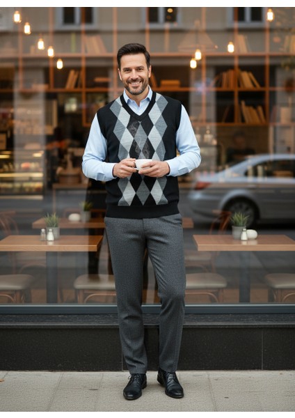 Erkek Kışlık Süveter Rahat Kesim Triko Dokuma V Yaka Klasik Baklava Desenli modelleri