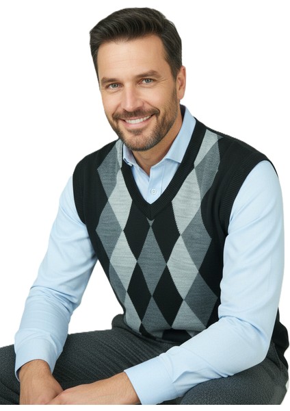 Erkek Kışlık Süveter Rahat Kesim Triko Dokuma V Yaka Klasik Baklava Desenli fırsatları