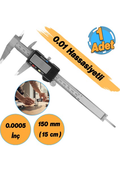 Dijital Kumpas LCD Ekranlı (0.01-12 Mikron Hassasiyet) 0.0005 Inç Metal 150 mm Derinlik Ölçüm Aleti
