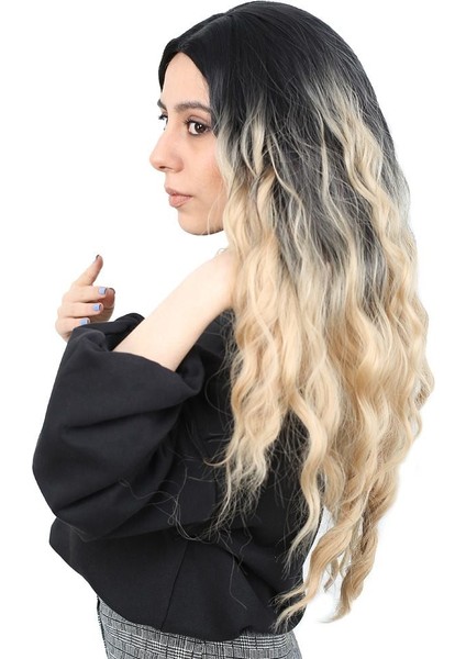 Su Dalgası Uzun Perçemsiz Fiber Sentetik Peruk / Siyah / Balköpüğü Ombreli modelleri