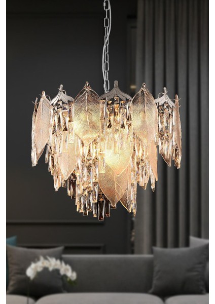 Yaprak Krom 50 cm Kristal Yaprak Detaylı Modern Avize – Salon Oturma Odası