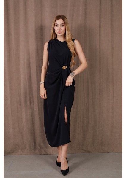 Kadın Kalın Askılı Yırtmaçlı Linda Kumaş Elbise