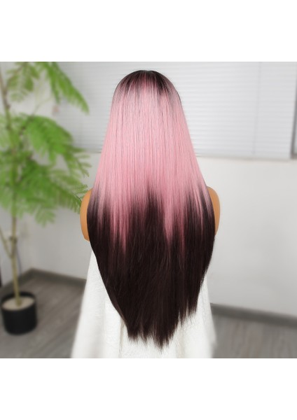 Koyu Kestane Pembe Ombreli Fiber Sentetik Tül Peruk indirimleri