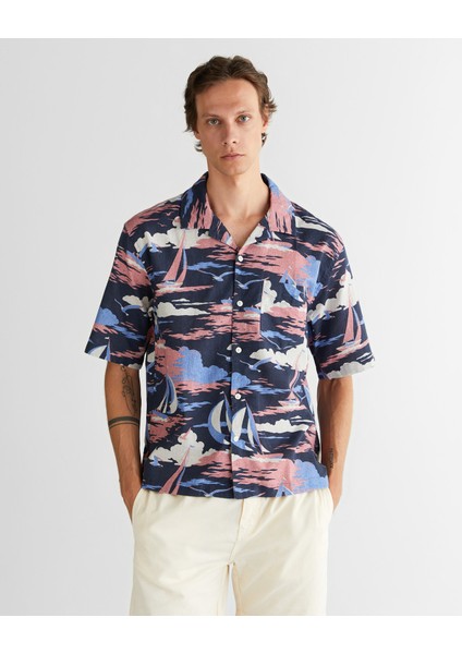 Erkek Lacivert Relaxed Fit Klasik Yaka Desenli Gömlek 3250048.423