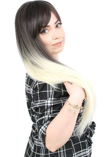 Fiber Sentetik Uzun Düz Kahküllü Peruk / Küllü Siyah / Platin Ombreli modelleri