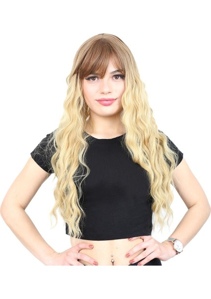 Perçemli Uzun Su Dalgası Fiber Sentetik Peruk / Kumral / Sarı Ombreli