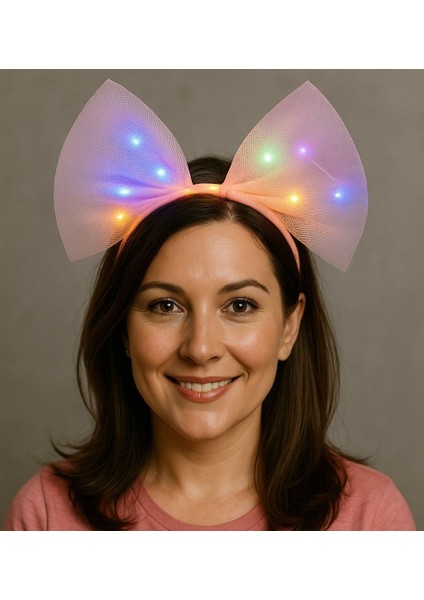 Rengarenk LED Işıklı Fiyonk Şekilli Tül Parti Tacı Pembe Renk 25X25 cm fiyatları