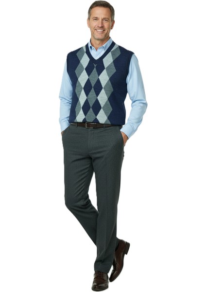 Erkek Kışlık Süveter Rahat Kesim Triko Dokuma V Yaka Klasik Baklava Desenli fiyatları