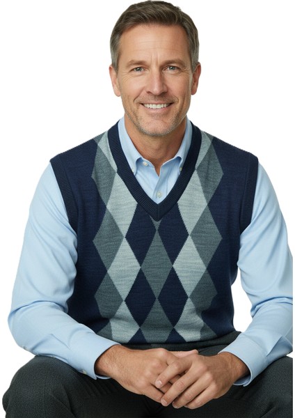 Erkek Kışlık Süveter Rahat Kesim Triko Dokuma V Yaka Klasik Baklava Desenli fırsatları