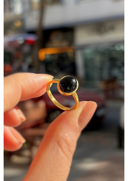Gümüş 10X8 mm Siyah Onix Taşlı Altın Kaplama Yüzük