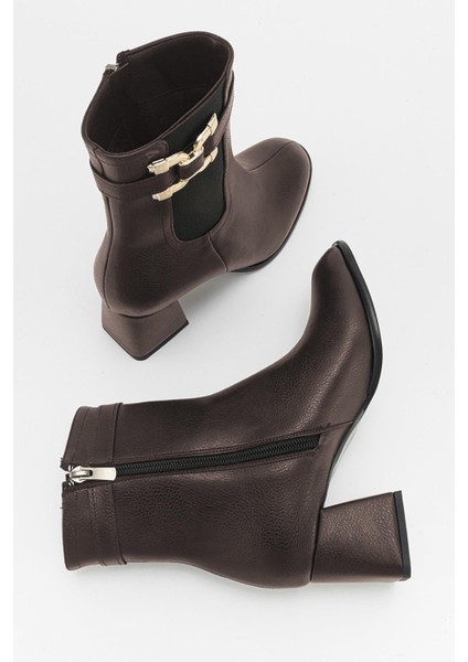 Tokalı Topuklu Bot Kahve Cilt