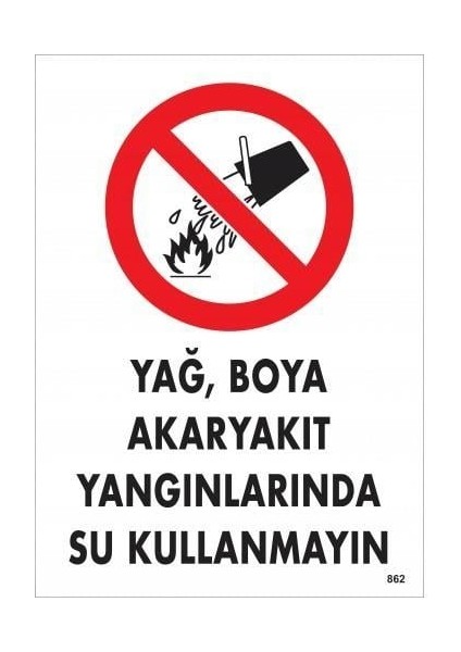 Yağ Boya Akaryakıt Yağlarında Su Kullanmayın Uyarı Levhası 25X35 KOD:862