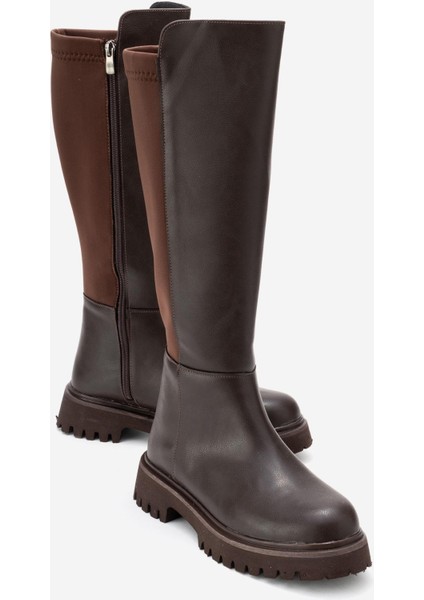 Kadın Düz Fermuarlı Streçli Çizme Kahve Cilt