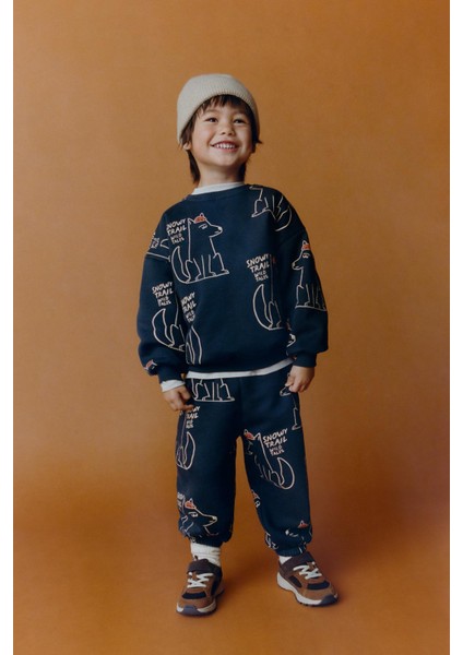 Erkek Çocuk Pamuklu Lacivert Oversize Kurt Desenli Sweatshirt ve Eşofman Takım