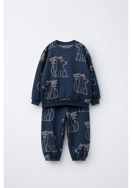 Erkek Çocuk Pamuklu Lacivert Oversize Kurt Desenli Sweatshirt ve Eşofman Takım fiyatları