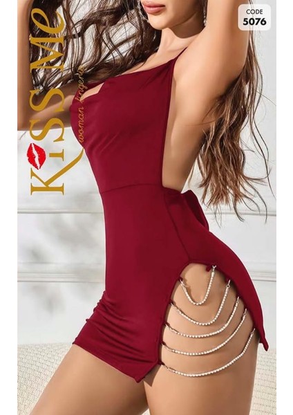 Bordo Degaje Yaka Zincir Detaylı Elbise fiyatları