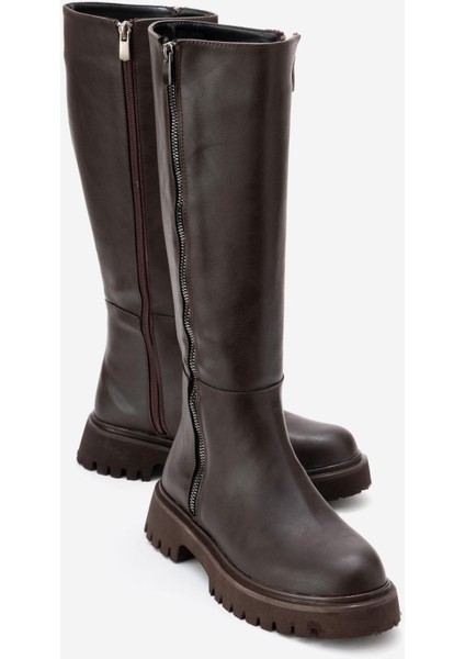 Kadın Düz Fermuarlı Çizme Kahve Cilt