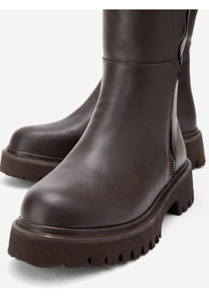 Kadın Düz Fermuarlı Çizme Kahve Cilt modelleri