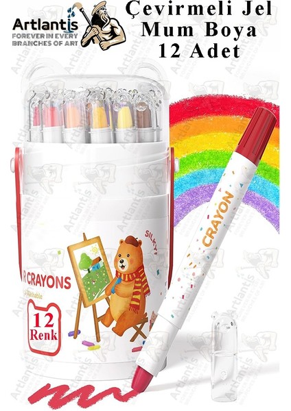 Çevirmeli Jel Mum Boya 12 Renk 1 Adet Plastik Kutulu 12 Li Mum Boya Kalemi Silinebilir Zararsız Yıkanabilir