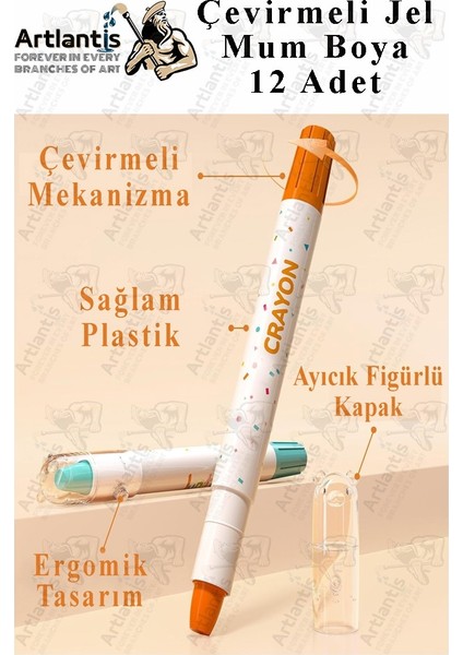 Çevirmeli Jel Mum Boya 12 Renk 1 Adet Plastik Kutulu 12 Li Mum Boya Kalemi Silinebilir Zararsız Yıkanabilir modelleri