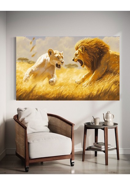 Kavga Eden Çift Aslan Ev Duvar Salon Güzellik Salonu Ofis Dükkan Dekarasyon Kanvas Tablo