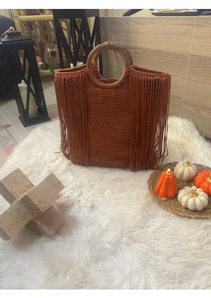 El Örgüsü Püsküllü Tarçın Renk Bayan El ve Çapraza Çanta fiyatları