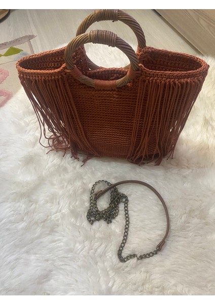 El Örgüsü Püsküllü Tarçın Renk Bayan El ve Çapraza Çanta modelleri