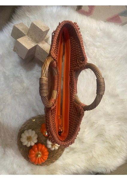 El Örgüsü Püsküllü Tarçın Renk Bayan El ve Çapraza Çanta