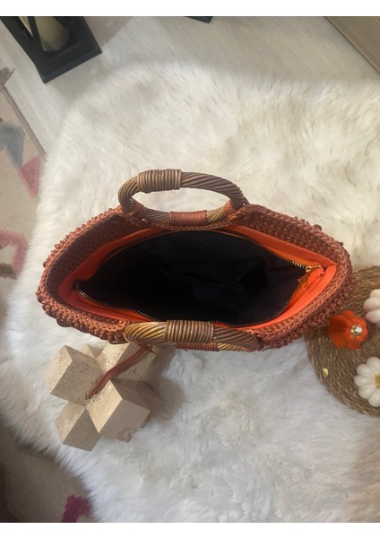 El Örgüsü Püsküllü Tarçın Renk Bayan El ve Çapraza Çanta