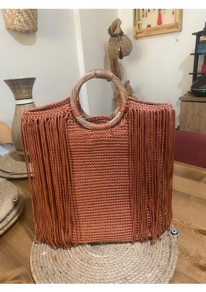 El Örgüsü Püsküllü Tarçın Renk Bayan El ve Çapraza Çanta